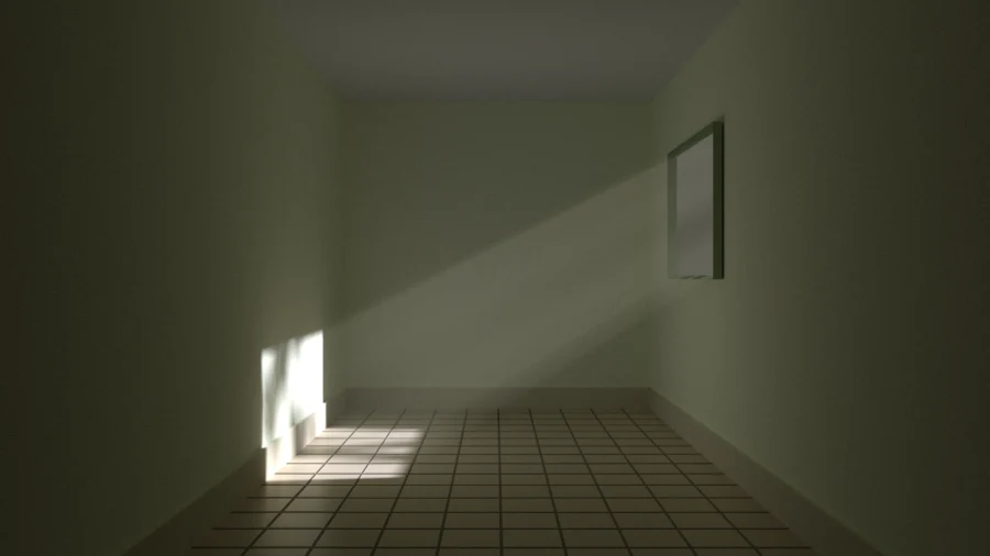 A rendering of volumetric lighting through a window